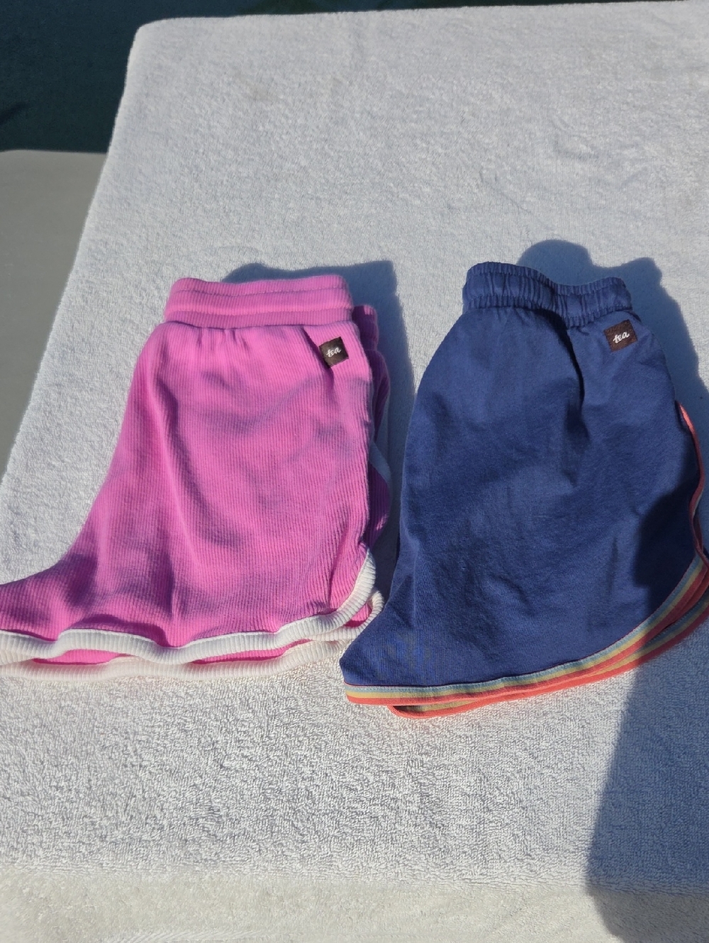 Tea Collection 1) Pink Ribbed W/white Edge 2)  Blue W/Rainbow-Trim Shorts Size 7